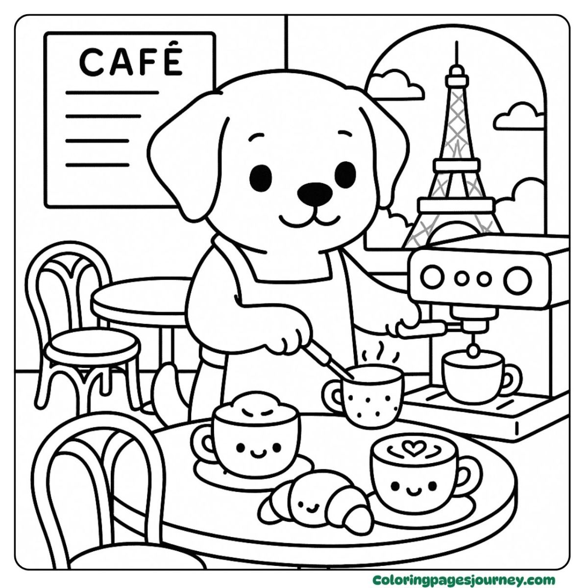 A Labrador Retriever coloring page in a Paris café scene A Labrador Retriever coloring page making coffee in Paris