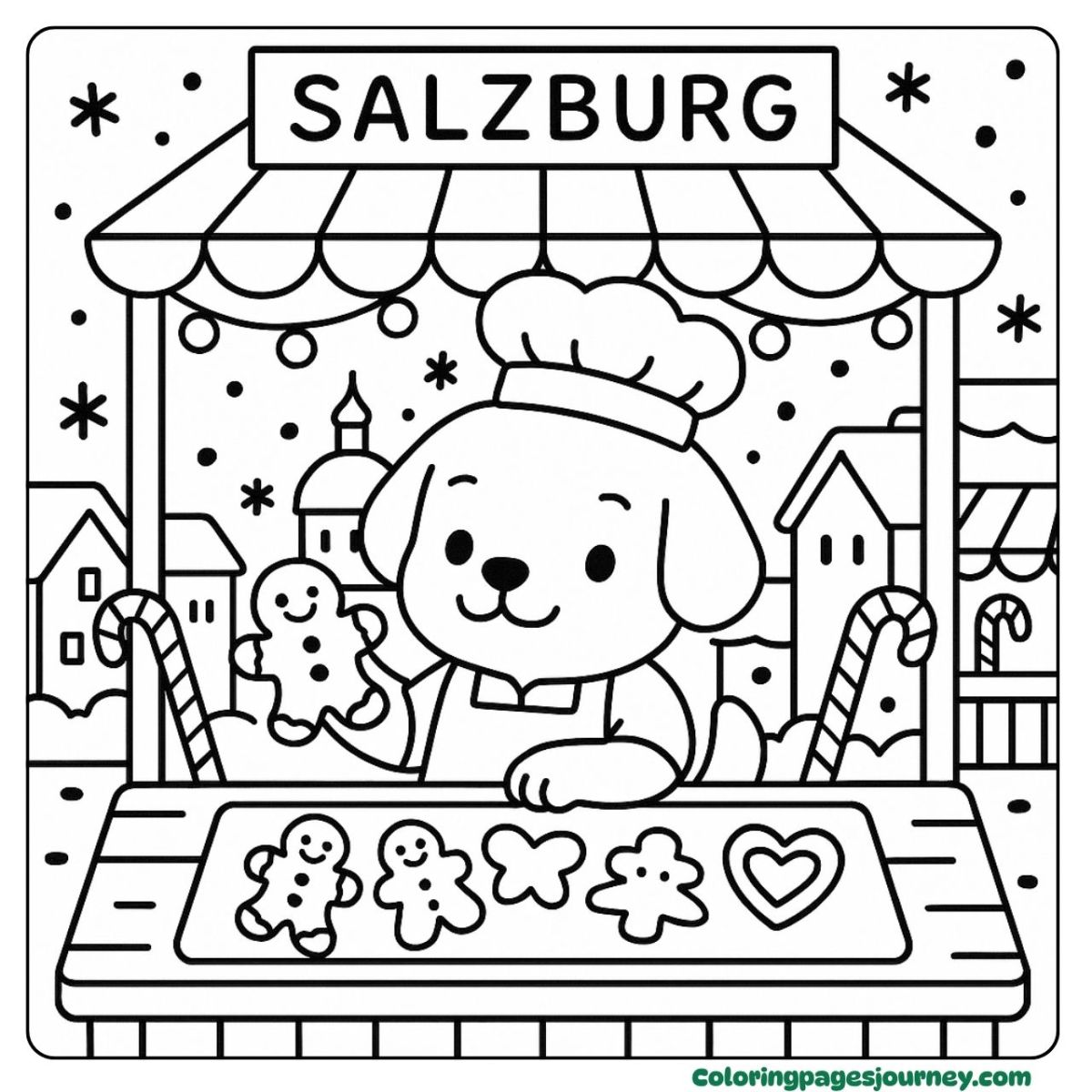 A Labrador Retriever coloring page in a Salzburg market A Labrador Retriever coloring page with Christmas cookies