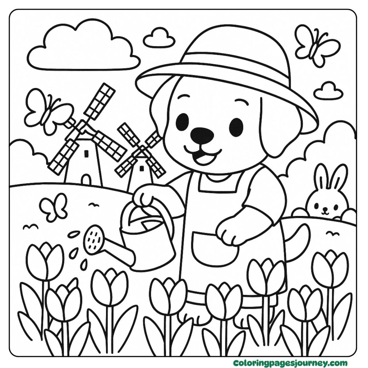 A Labrador Retriever coloring page in a tulip-filled meadow A Labrador Retriever coloring page with so many flowers