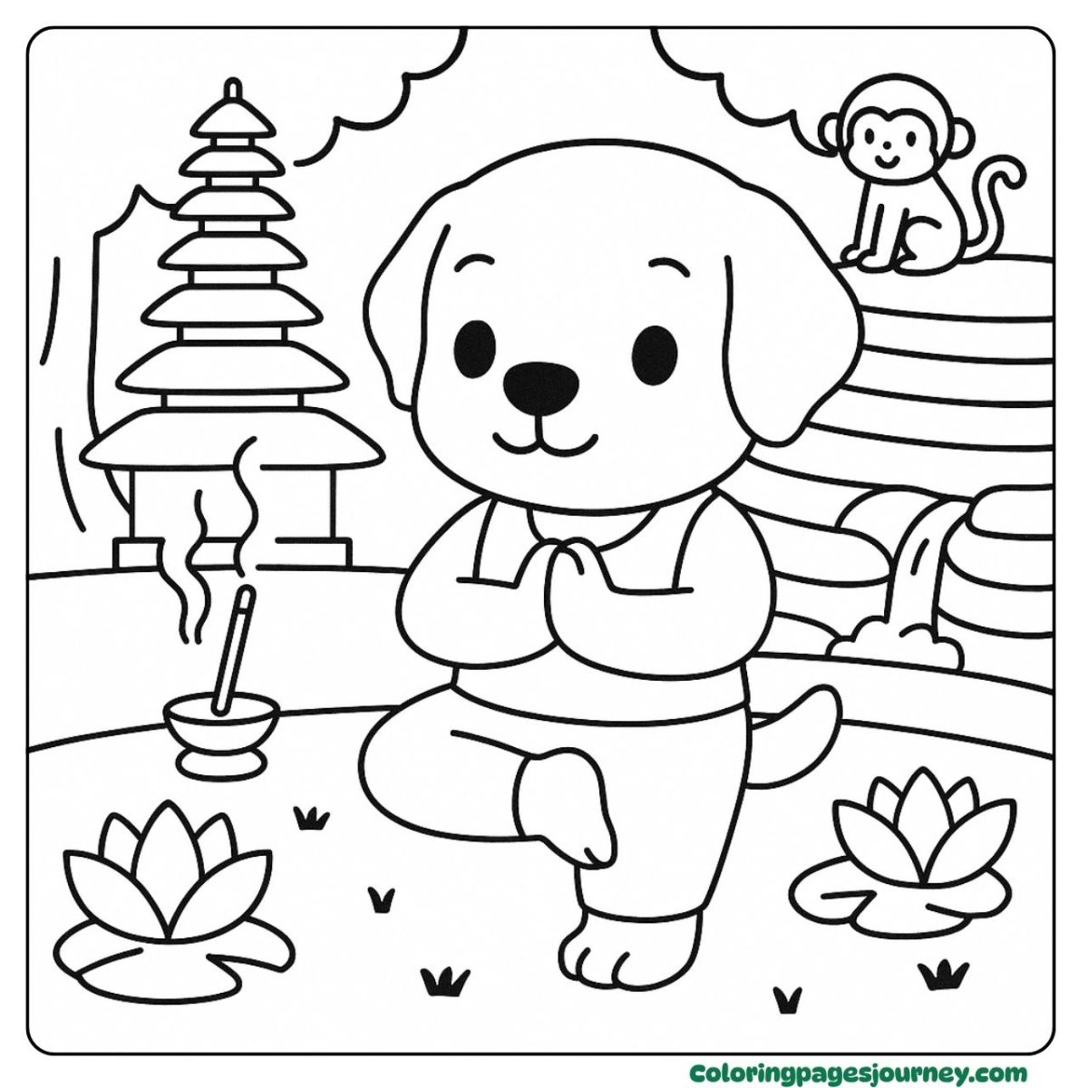 A Labrador Retriever coloring page in a peaceful yoga pose A Labrador Retriever coloring page meditating outdoors