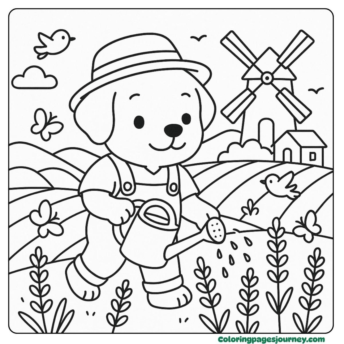 A Labrador Retriever coloring page in the sunny countryside A Labrador Retriever coloring page watering a field of crops