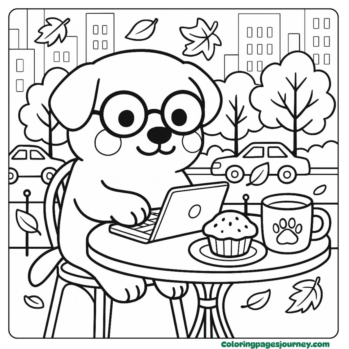 A Labrador Retriever coloring page of a café work moment A Labrador Retriever coloring page working at an outdoor café