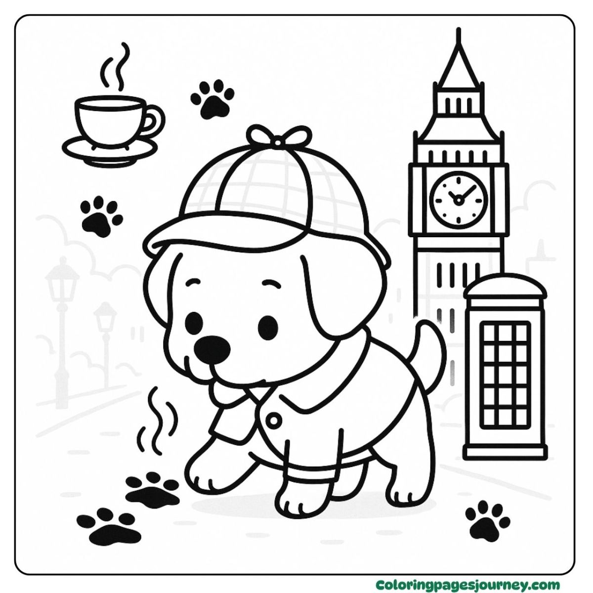 A Labrador Retriever coloring page of a London mystery A Labrador Retriever coloring page as a detective in London