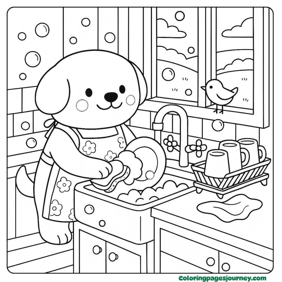 A Labrador Retriever coloring page of kitchen clean-up time A Labrador Retriever coloring page doing dishes happily
