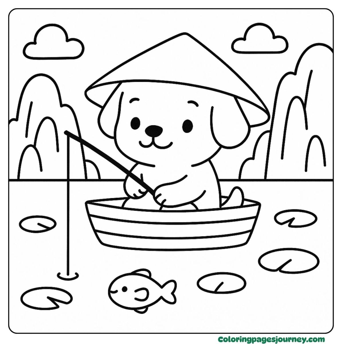 A Labrador Retriever coloring page of peaceful fishing fun A Labrador Retriever coloring page fishing in calm waters