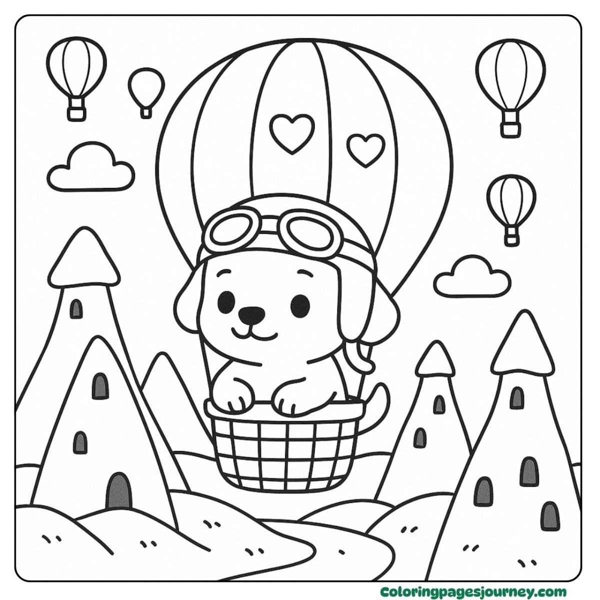 A Labrador Retriever coloring page on a balloon ride A Labrador Retriever coloring page flying in hot air