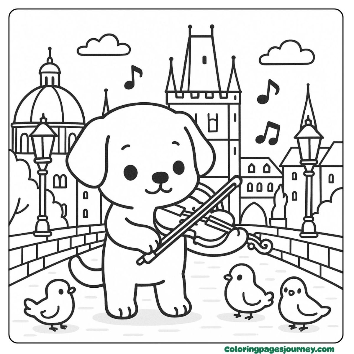 A Labrador Retriever coloring page playing violin on bridge A Labrador Retriever coloring page with music in the city