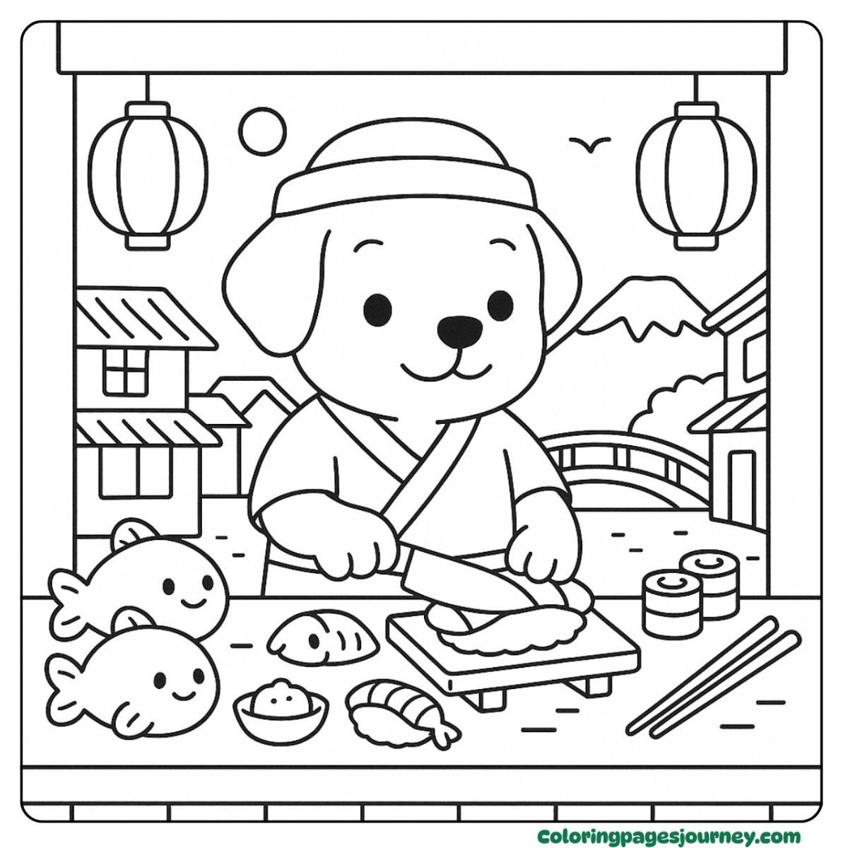 A Labrador Retriever coloring page preparing sushi in A Labrador Retriever coloring page slicing sushi with care