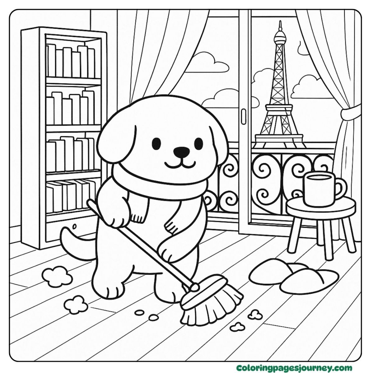 A Labrador Retriever coloring page sweeping his cozy room A Labrador Retriever coloring page with a house cleaning