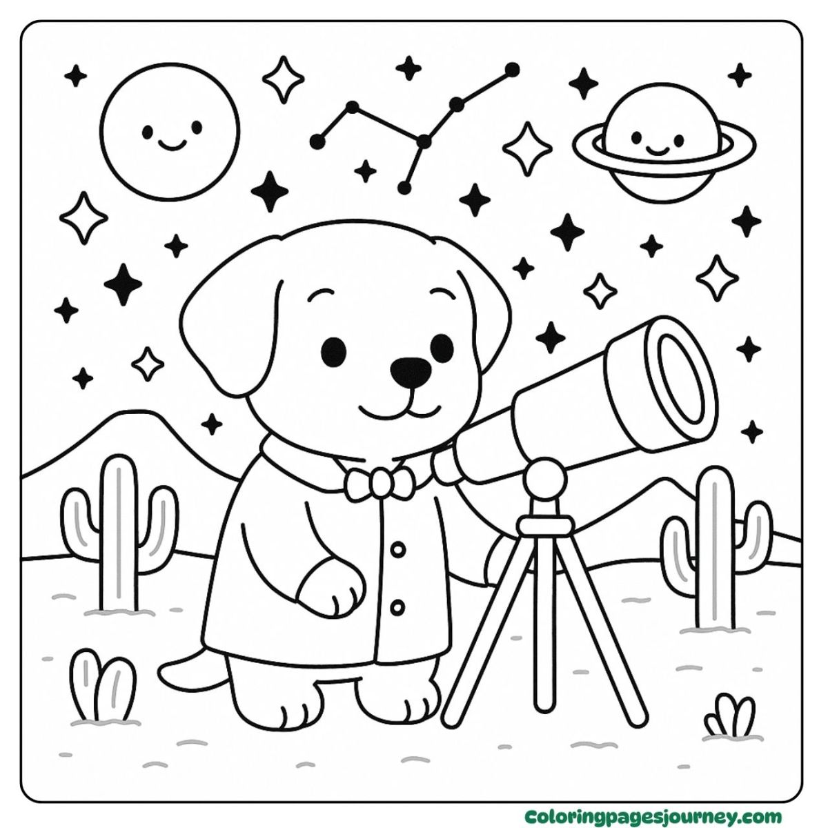 A Labrador Retriever coloring page under the starry sky A Labrador Retriever coloring page with a telescope view