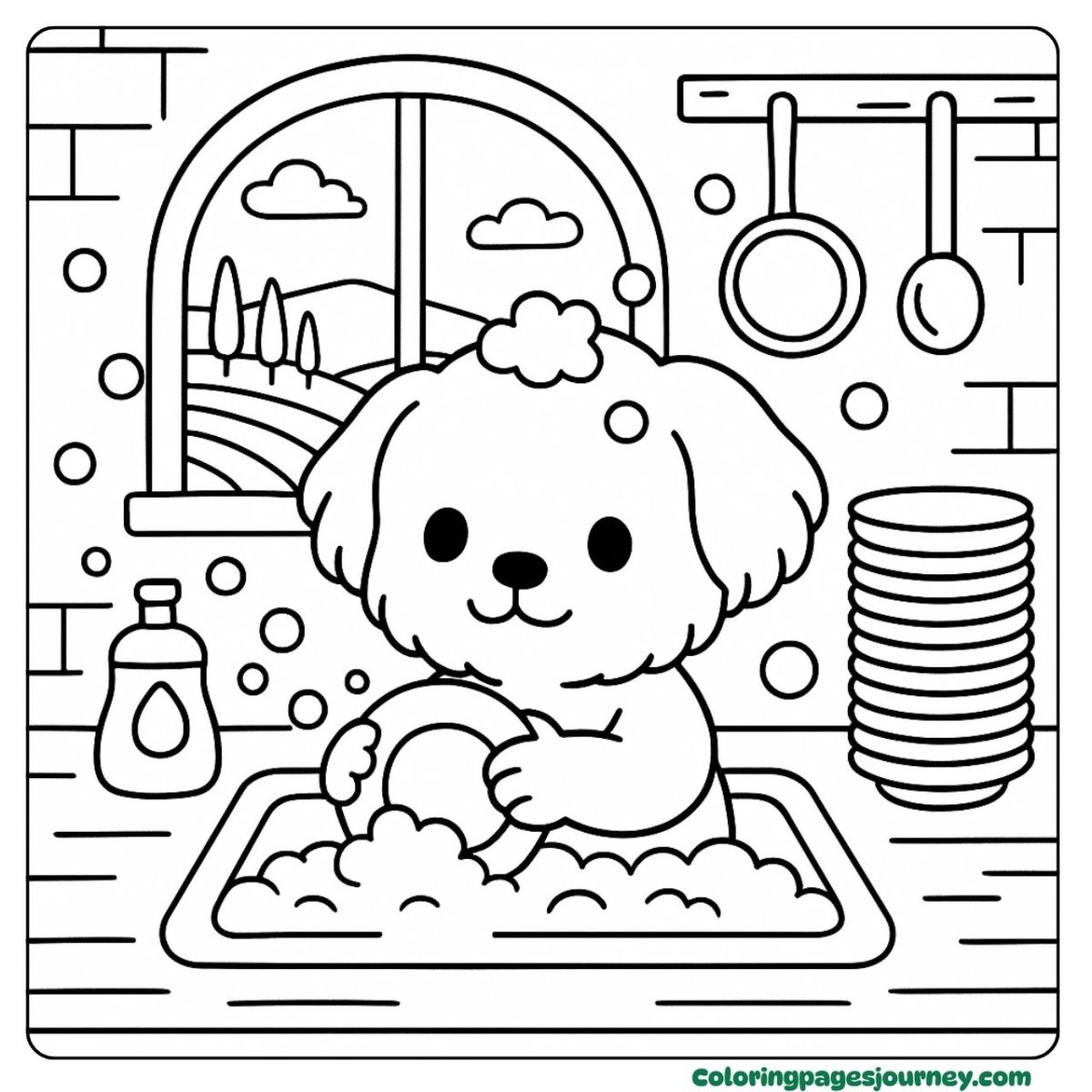 A Maltese coloring page of a cute pup doing dishes A Maltese coloring page with a dog washing dishes