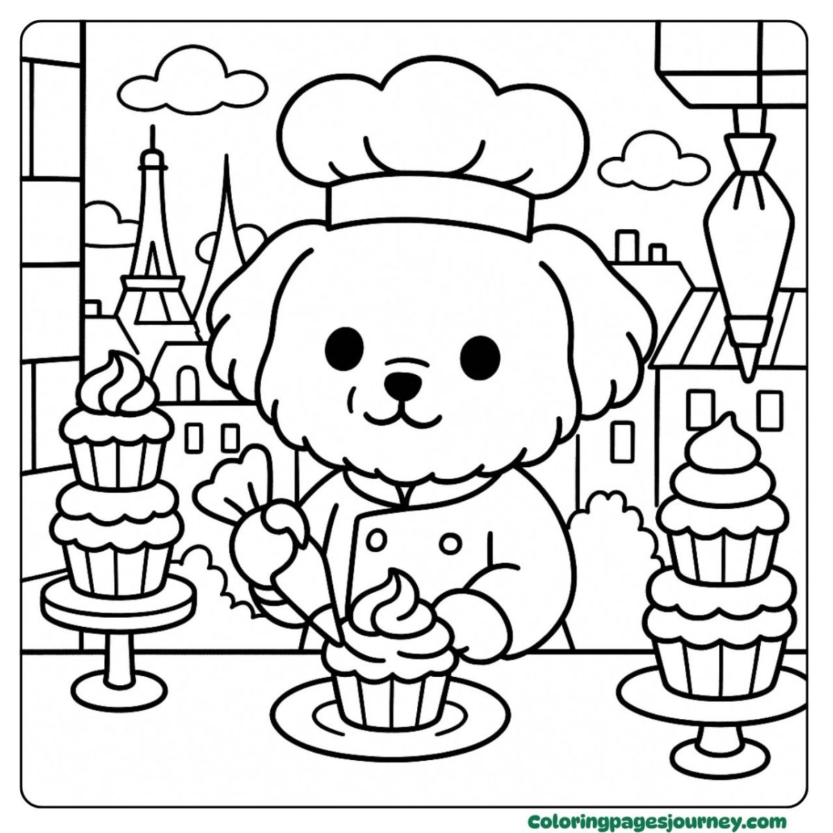 A Maltese coloring page of a dog decorating cupcakes A Maltese coloring page with a dog chef