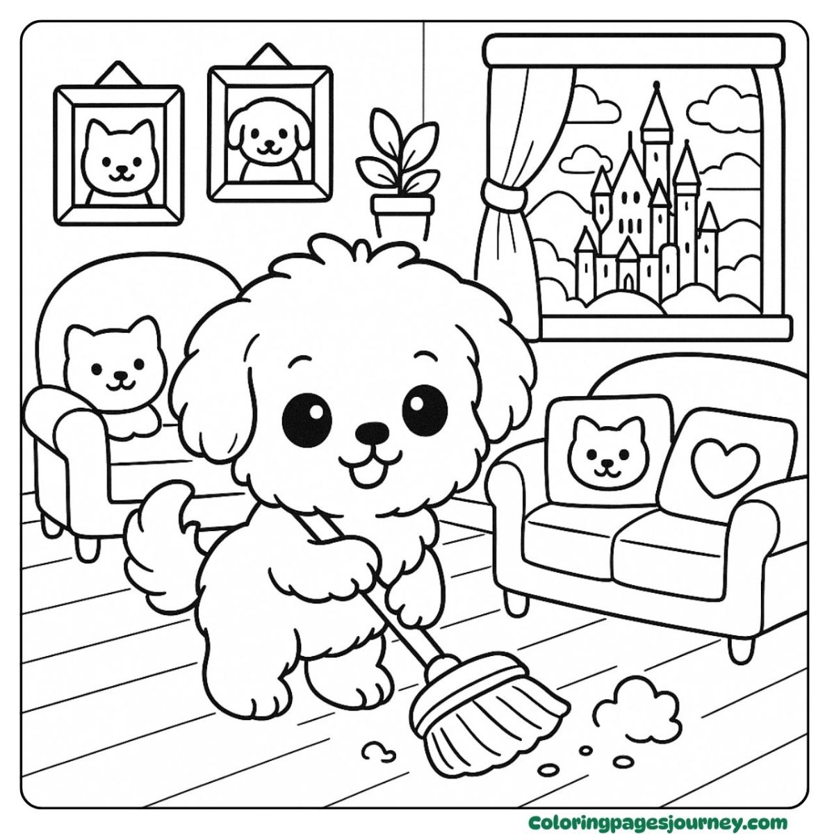 A Maltese coloring page of a puppy tidying up a room A Maltese coloring page with a dog sweeping floor
