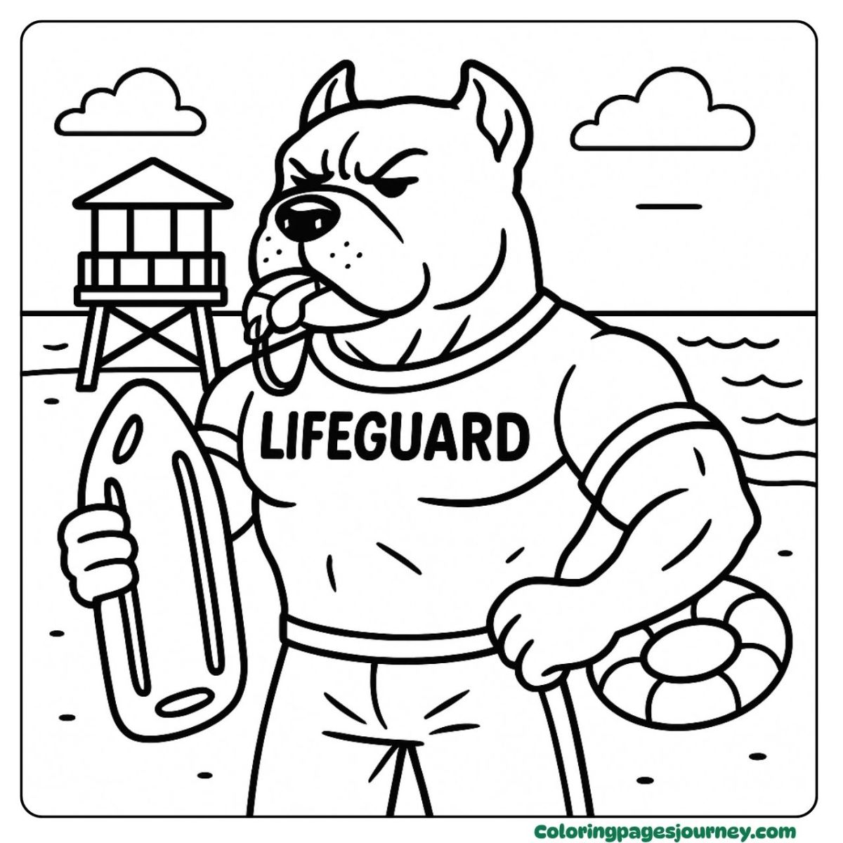 A Pitbull coloring page as a strong beach lifeguard A Pitbull coloring page standing at lifeguard post