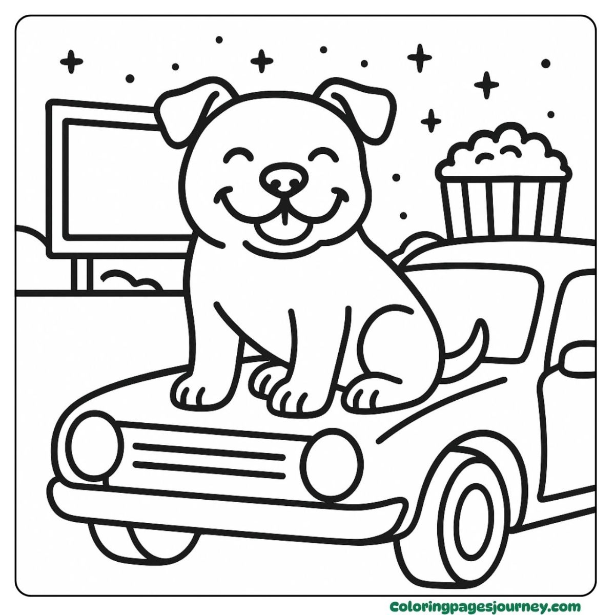 A Pitbull coloring page at a drive-in movie night A Pitbull coloring page sitting on a car at night