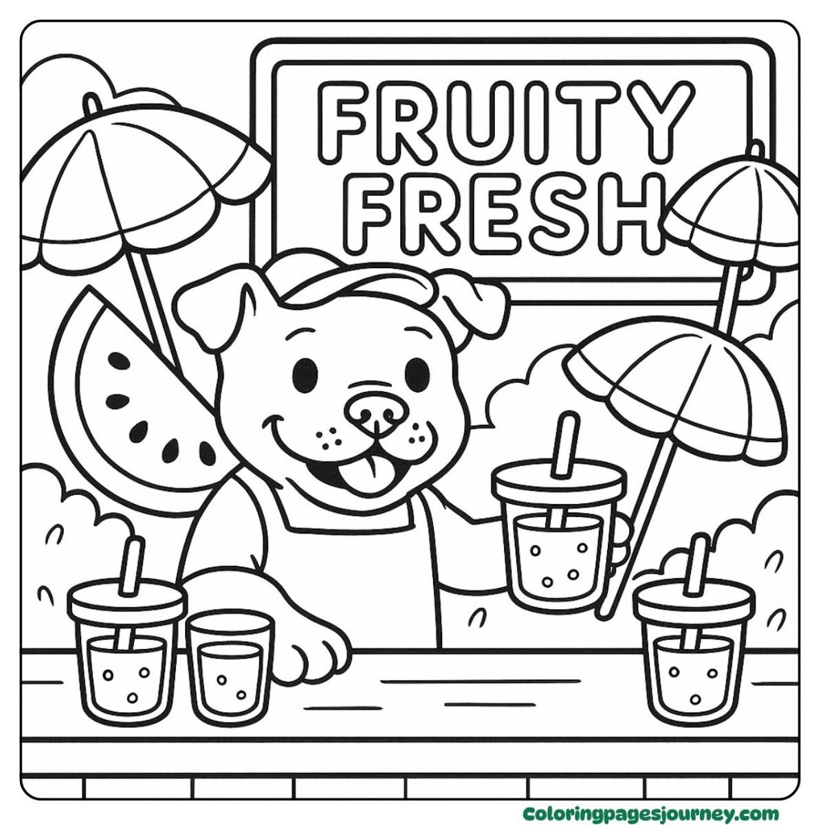 A Pitbull coloring page at a fruity summer drink stand A Pitbull coloring page with fruity fresh juice stand