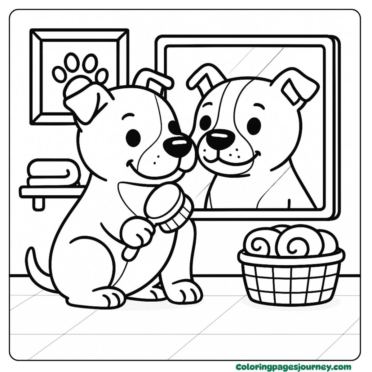 A Pitbull coloring page brushing fur in the bathroom A Pitbull coloring page with mirror and grooming brush