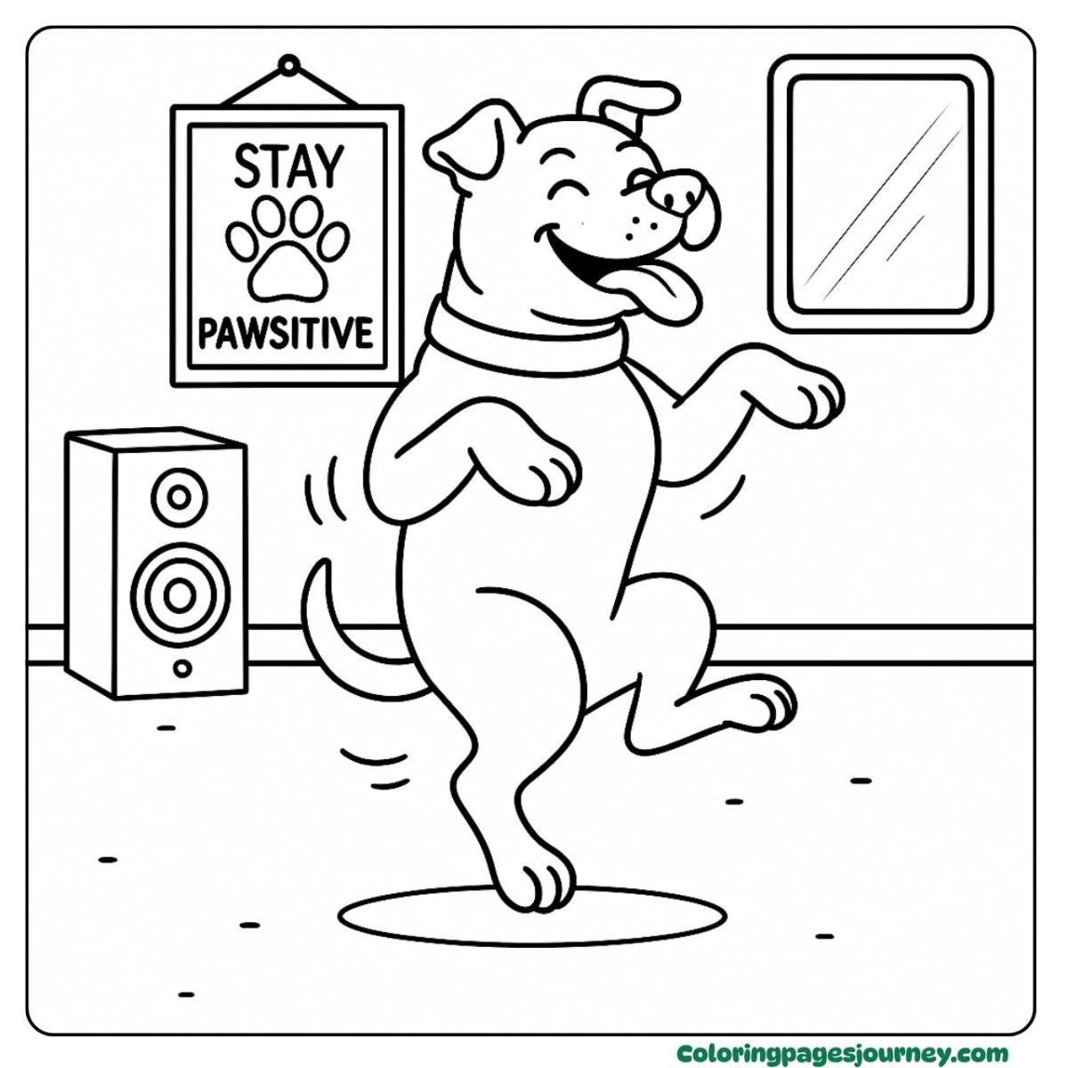 A Pitbull coloring page dancing in a fun music room A Pitbull coloring page with music and joyful dance