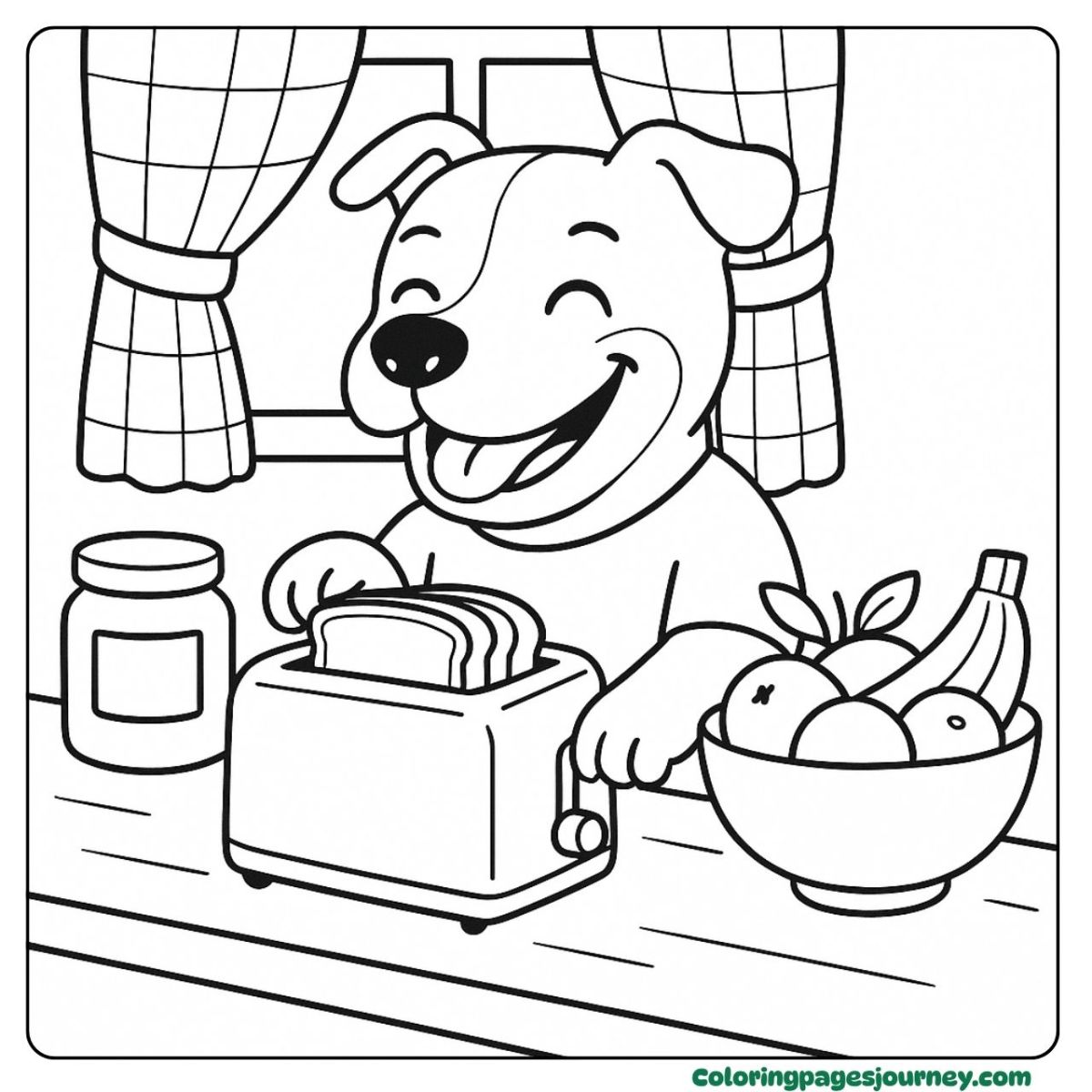 A Pitbull coloring page enjoying a sunny breakfast A Pitbull coloring page with toast and fruit bowl