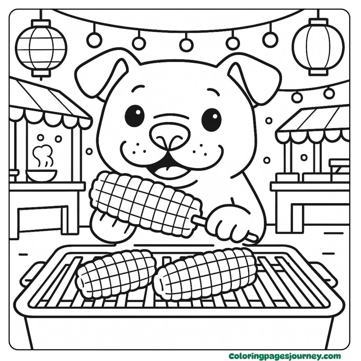 A Pitbull coloring page grilling corn at a night market A Pitbull coloring page enjoying street food cooking fun