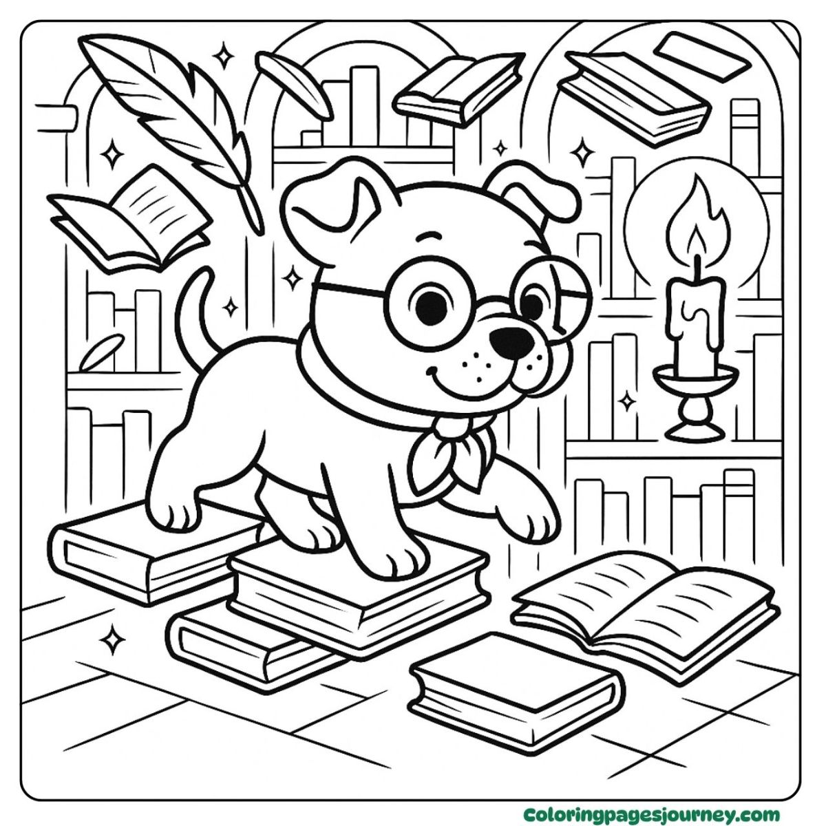 A Pitbull coloring page inside a magical book library A Pitbull coloring page with flying books and candles