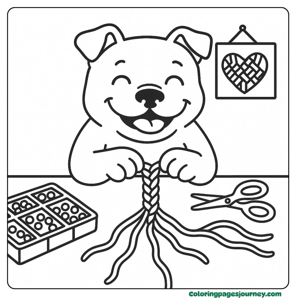 A Pitbull coloring page making friendship bracelets A Pitbull coloring page weaving colorful strings and beads
