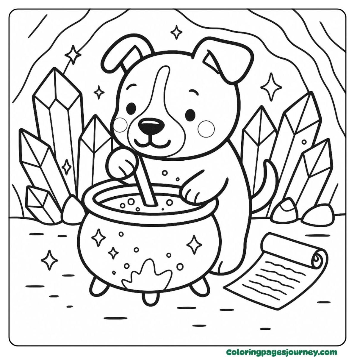 A Pitbull coloring page mixing a magic potion in a cave A Pitbull coloring page with crystal cave and cauldron
