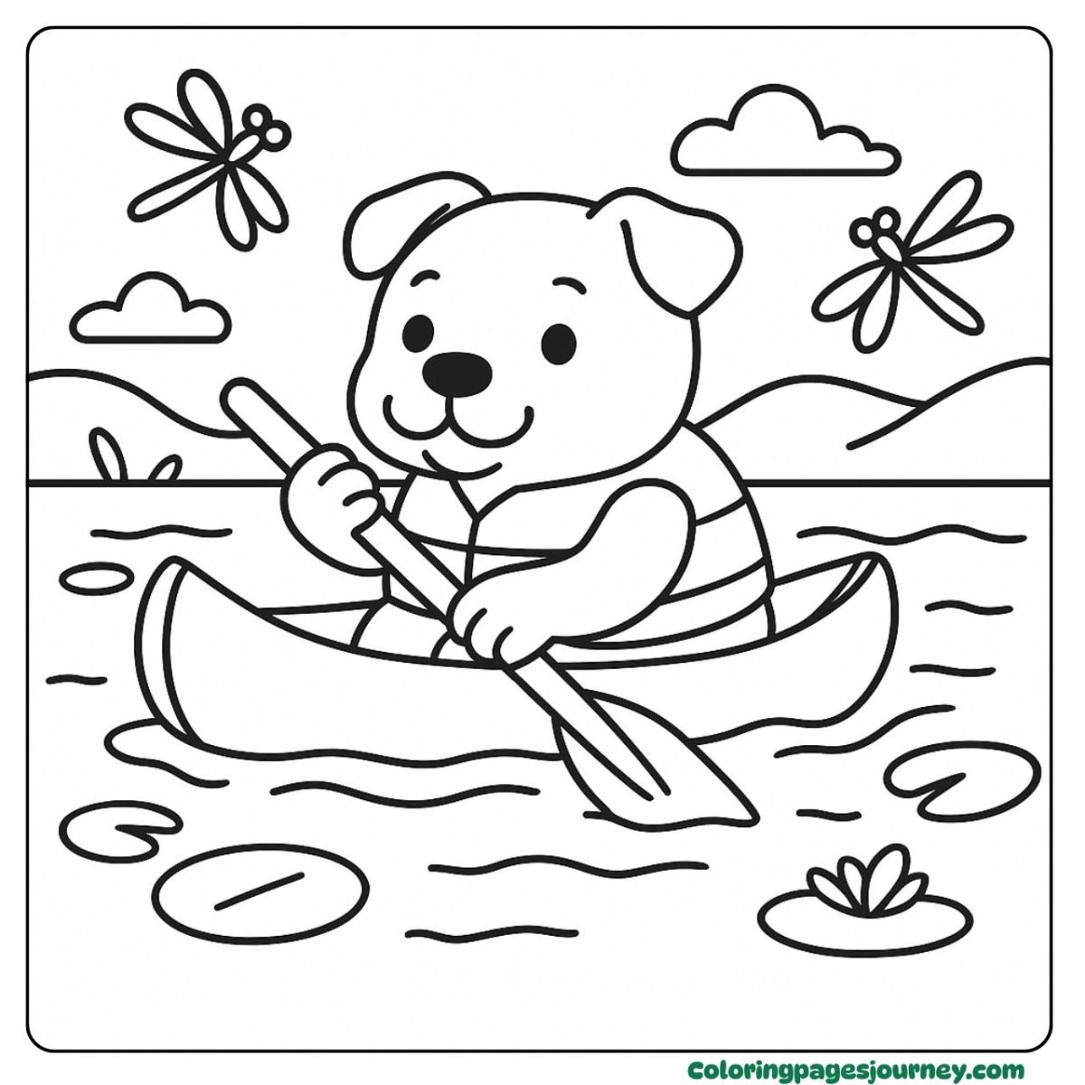A Pitbull coloring page paddling a canoe on the lake A Pitbull coloring page on a peaceful canoe ride