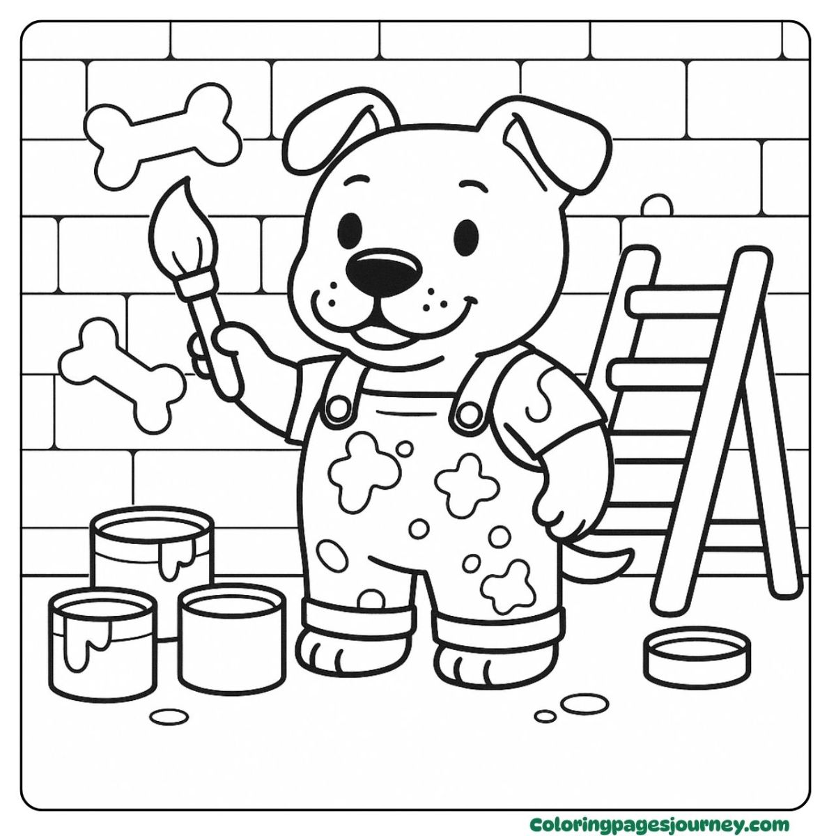 A Pitbull coloring page painting bones on a brick wall A Pitbull coloring page in messy paint overalls