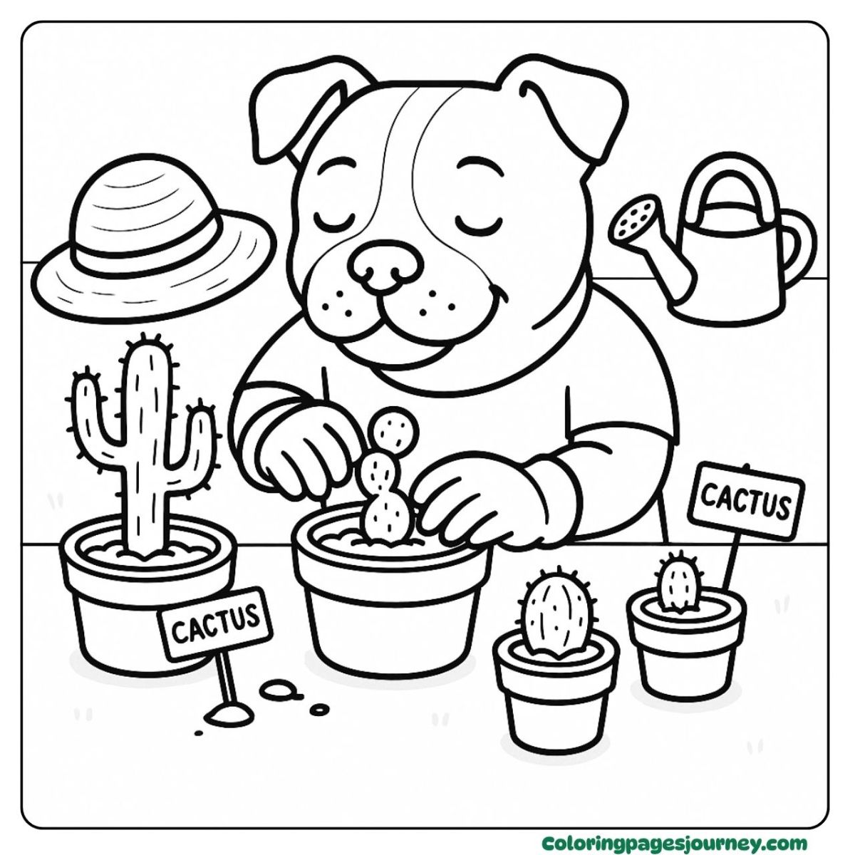 A Pitbull coloring page planting tiny cactus friends A Pitbull coloring page growing cute potted cacti