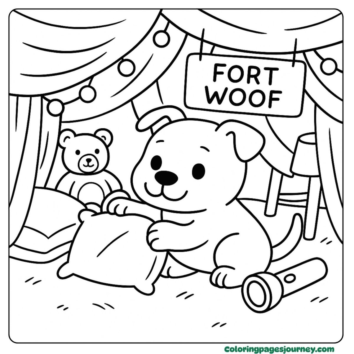 A Pitbull coloring page playing in a blanket fort A Pitbull coloring page in a cozy blanket fort