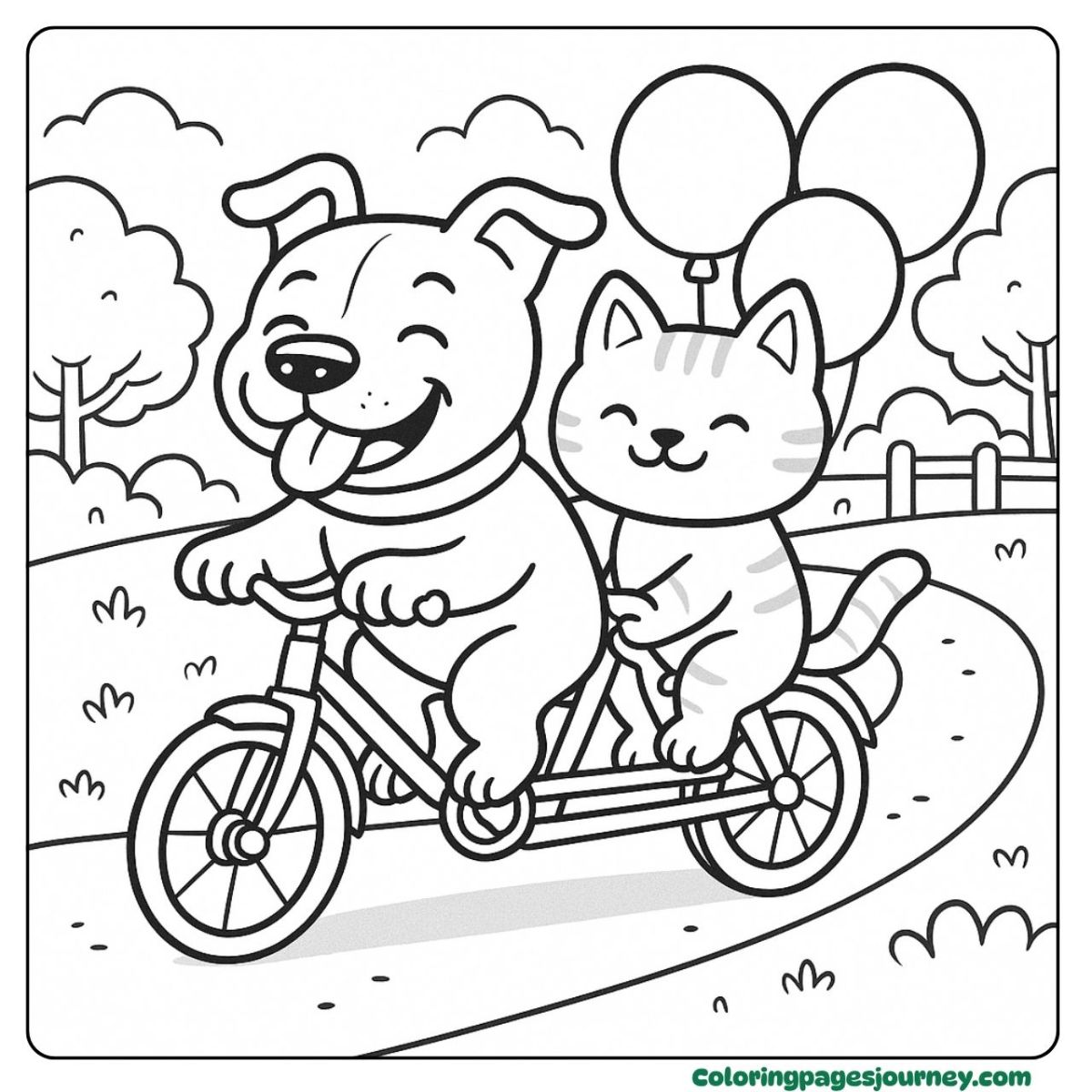 A Pitbull coloring page riding a tandem bike with a cat A Pitbull coloring page with balloons and a cycling buddy