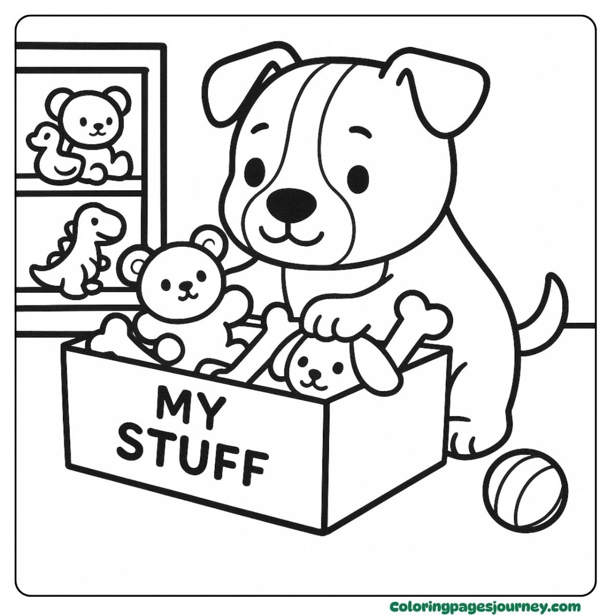 A Pitbull coloring page sorting toys in his own box A Pitbull coloring page organizing stuffed animals and bones