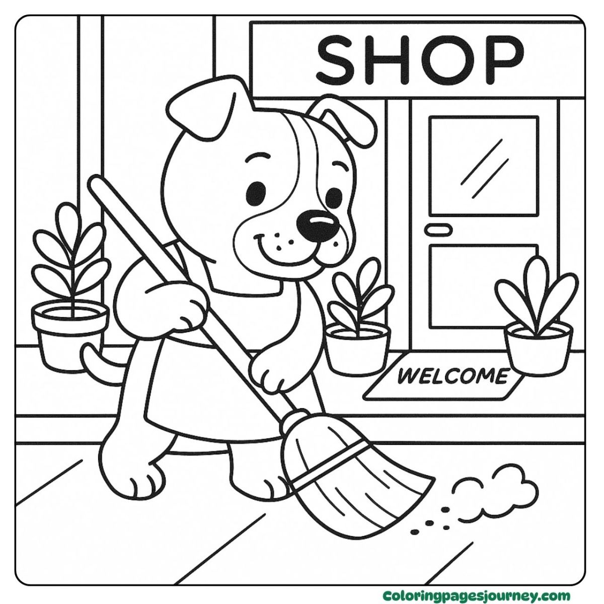 A Pitbull coloring page sweeping outside a small shop A Pitbull coloring page tidying up a storefront