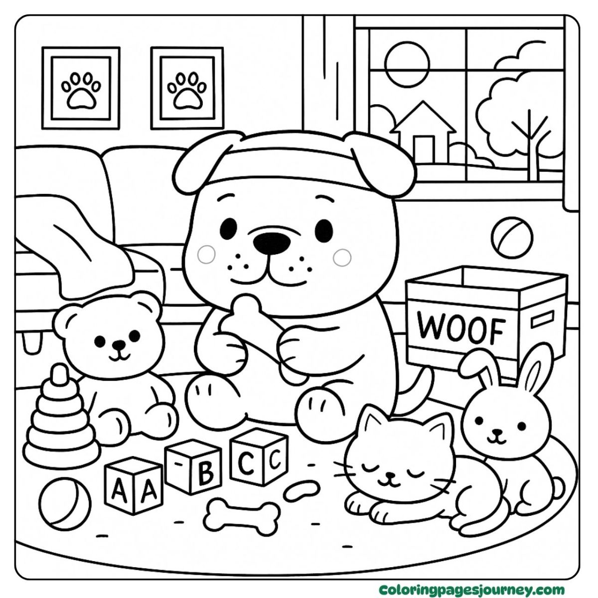 A Pitbull puppy coloring page playing in a cozy toy room A Pitbull puppy coloring page surrounded by toys and pets