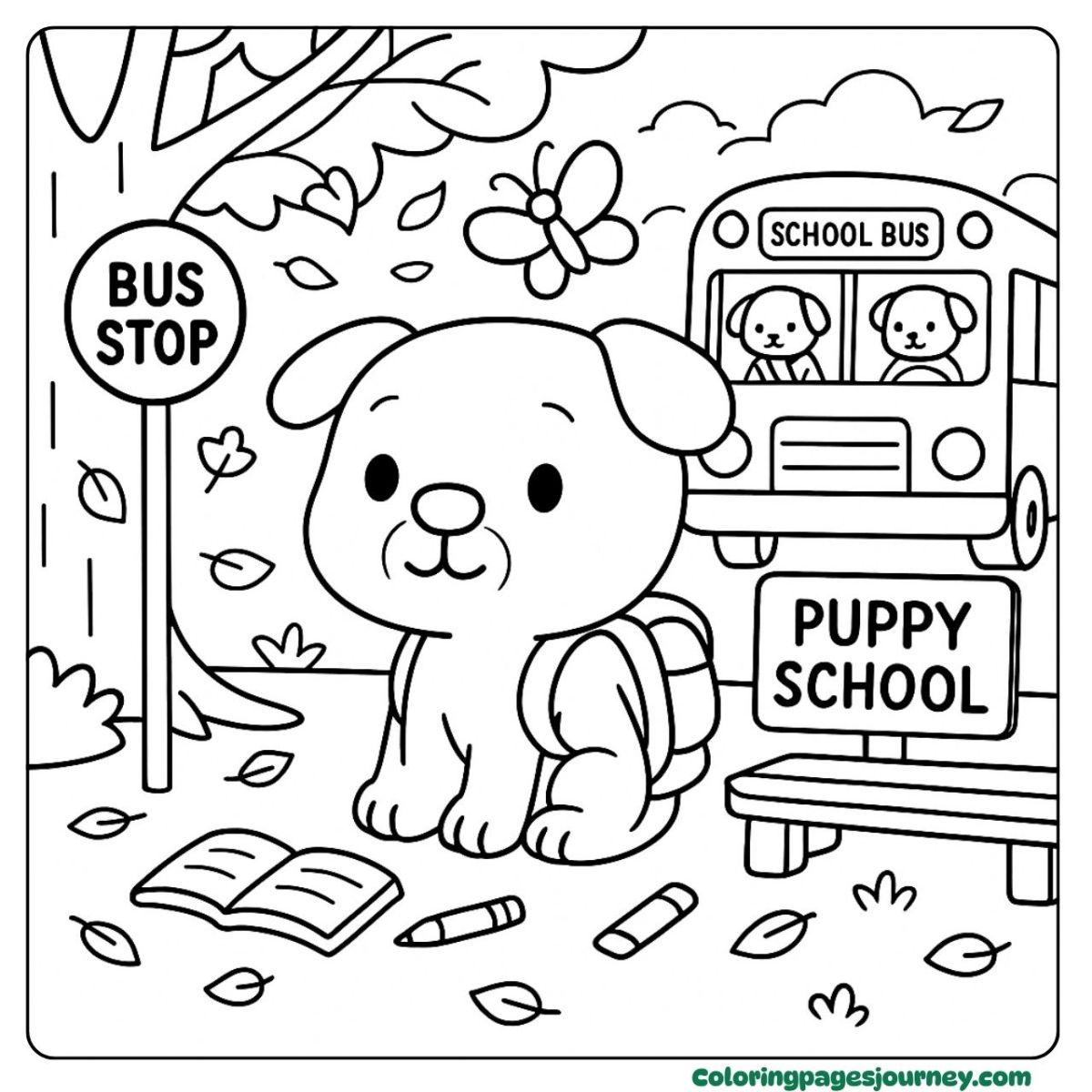 A Pitbull puppy coloring page waiting for the school bus A Pitbull puppy coloring page with backpack at bus stop