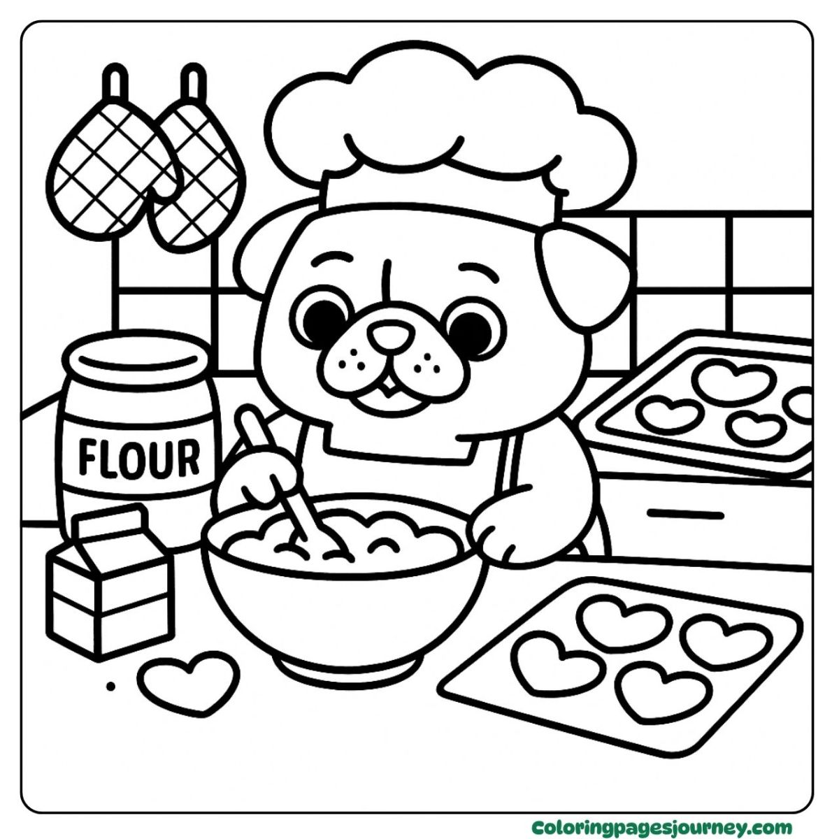 A pug coloring page baking heart cookies in the kitchen A pug coloring page of pug baking in kitchen