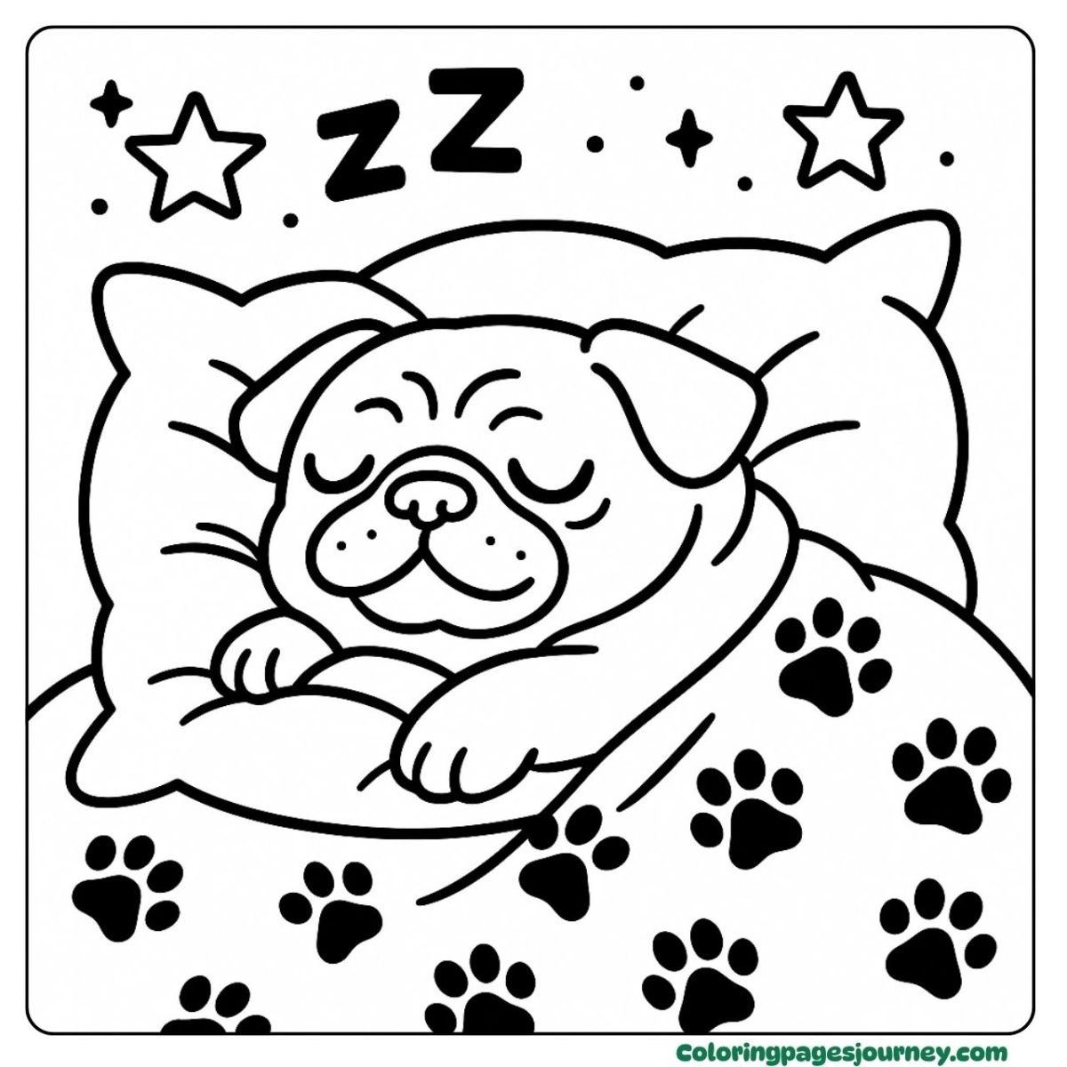 A pug coloring page cozy pug sleeping under starry sky A pug coloring page showing pug sleeping with stars