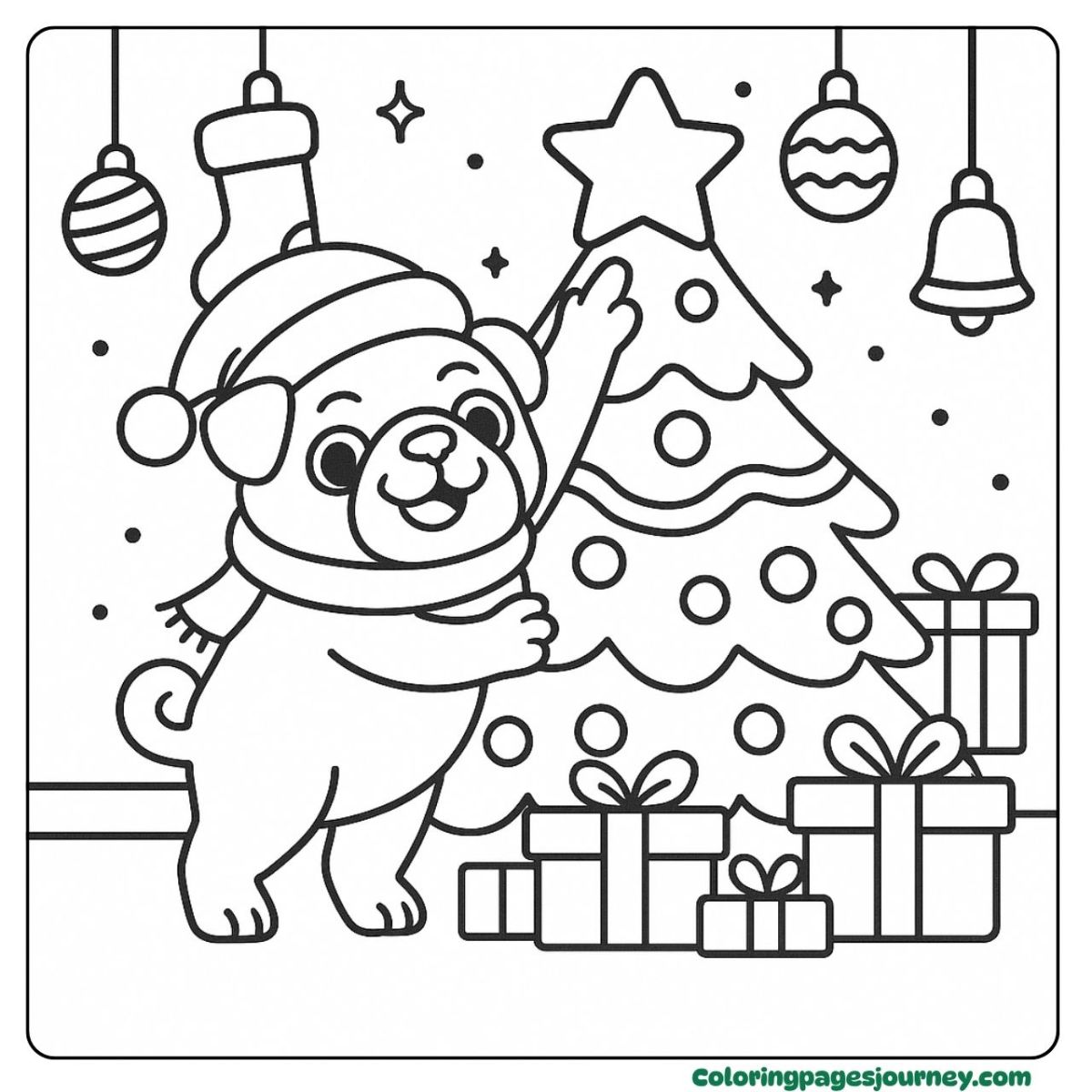 A pug coloring page decorating the christmas tree A pug coloring page with pug near Christmas tree