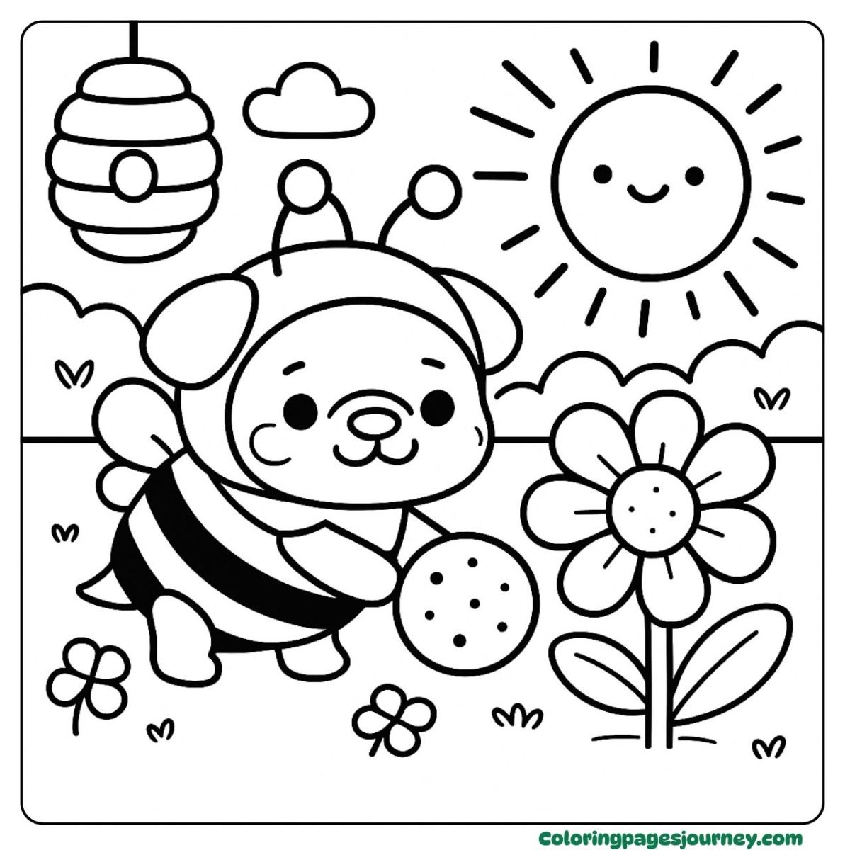 A pug coloring page dressed like a bee on a sunny day A pug coloring page with pug in bee costume outside
