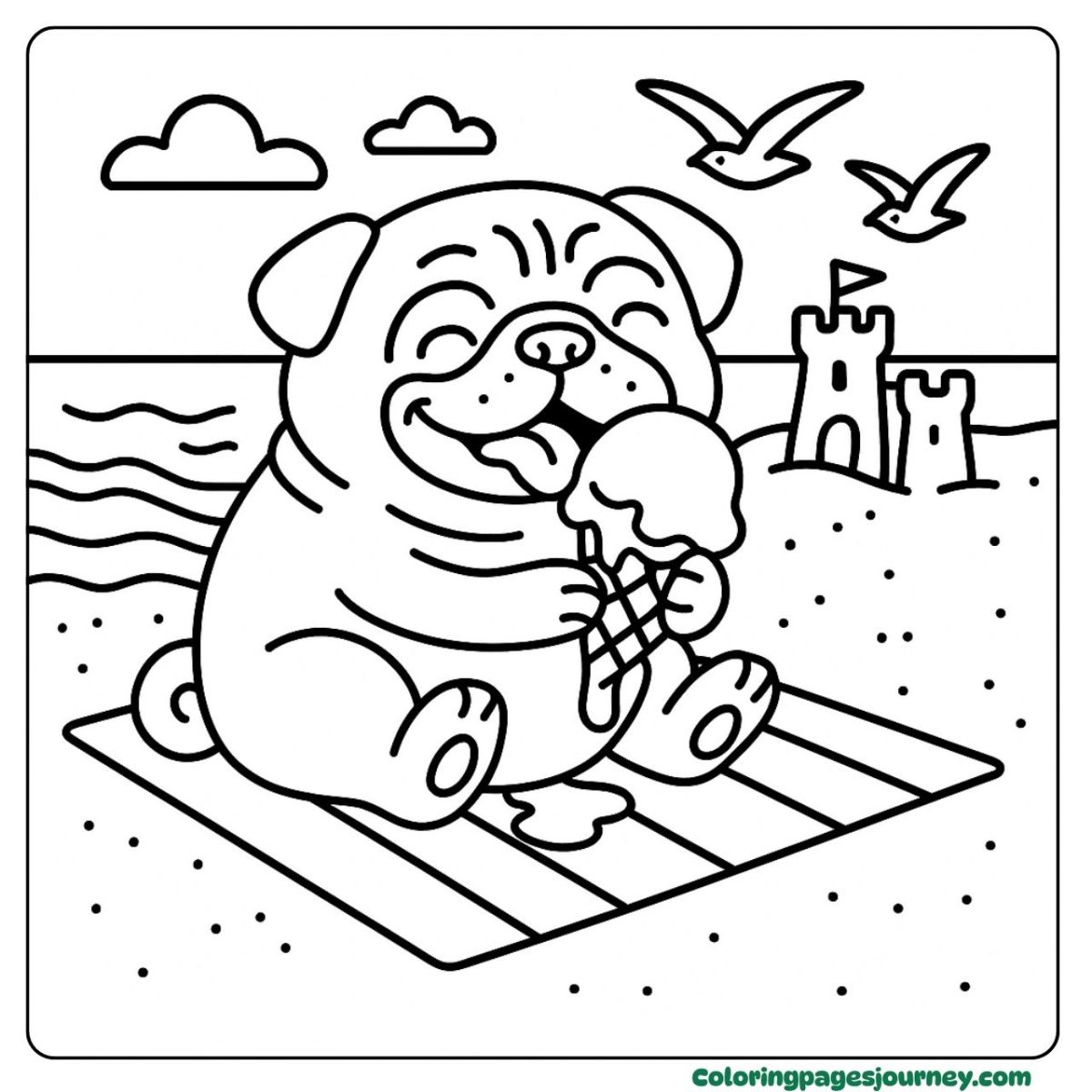 A pug coloring page eating ice cream at the beach A pug coloring page enjoying ice cream on the sand