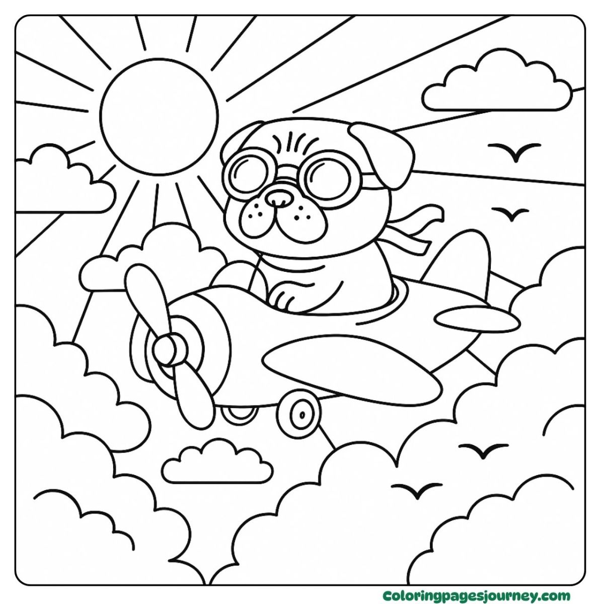 A pug coloring page flying a plane above the clouds A pug coloring page of pug flying airplane high