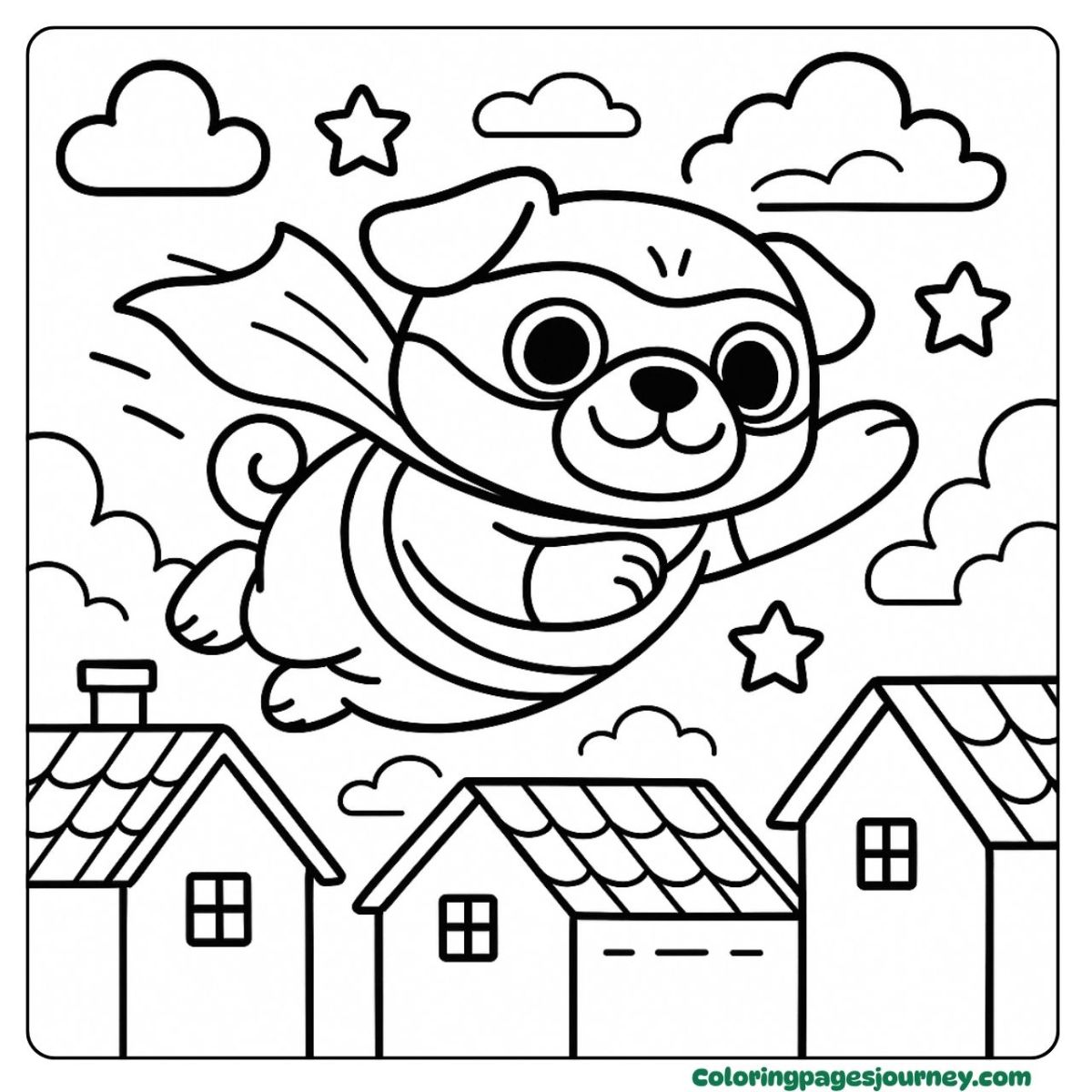 A pug coloring page flying like a superhero over houses A pug coloring page of superhero pug in sky