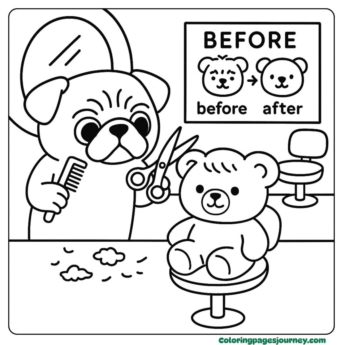 A pug coloring page haircut time at the toy salon A pug coloring page showing pug cutting teddy’s hair