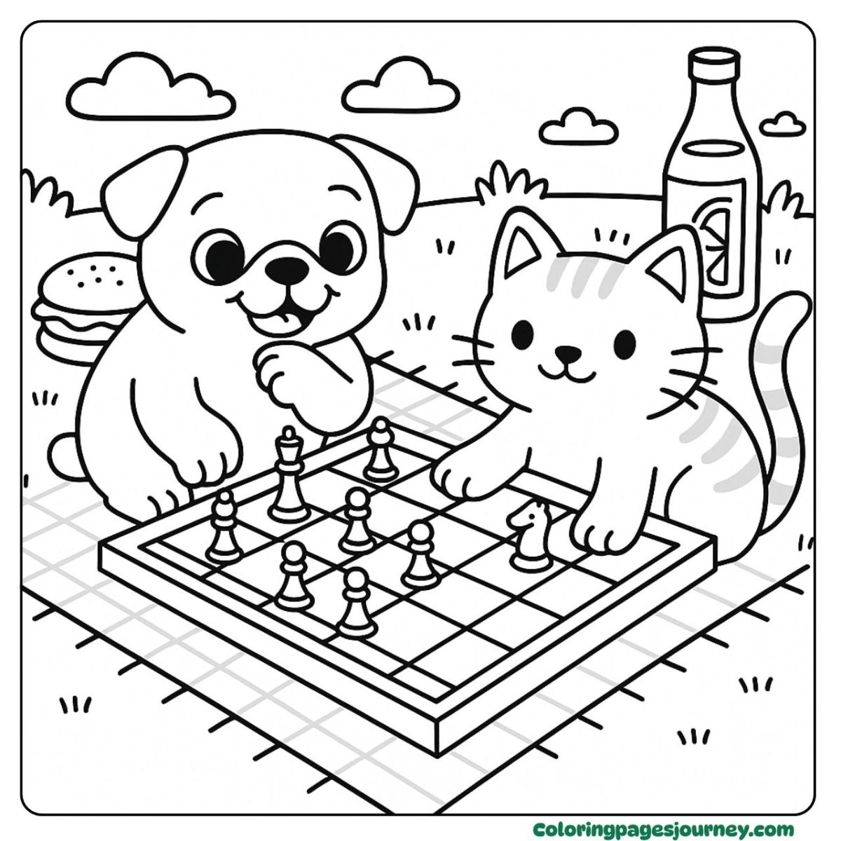 A pug coloring page having a picnic chess game with a cat A pug coloring page showing pug and cat playing chess