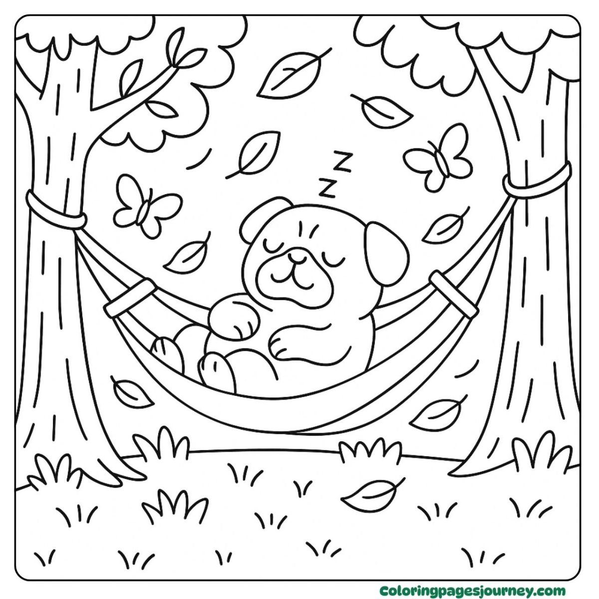 A pug coloring page napping peacefully in a hammock A pug coloring page pug sleeping in hammock
