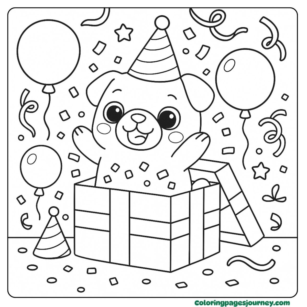 A pug coloring page of pug popping out of gift box A pug coloring page with birthday surprise in a gift box