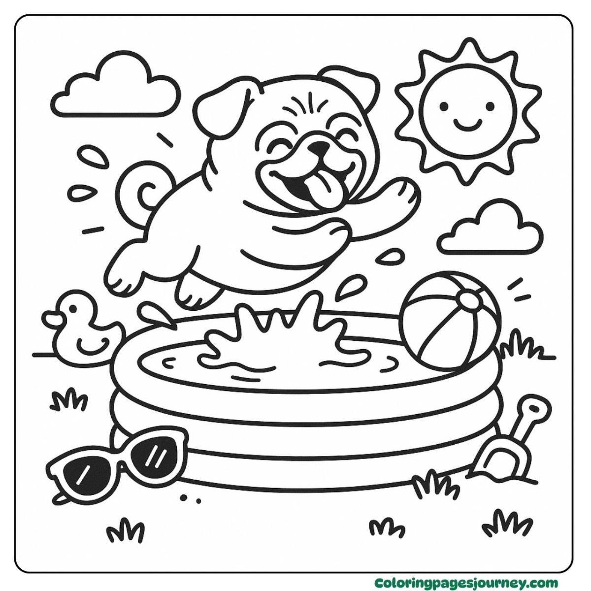 A pug coloring page pool splash on a sunny day A pug coloring page showing pug jumping in a pool