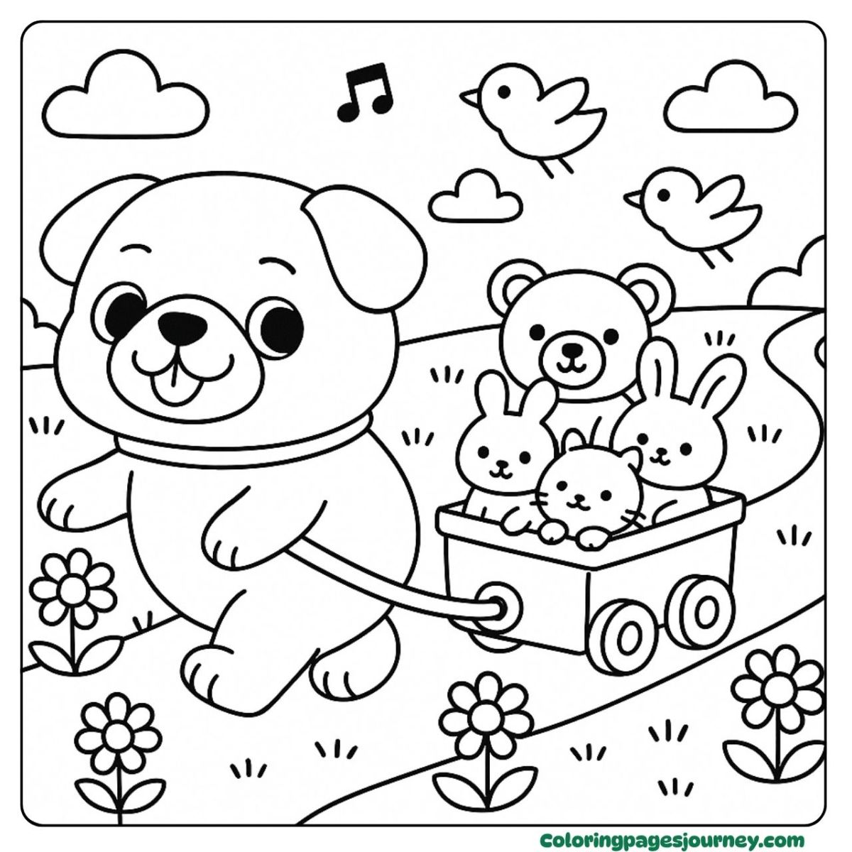A pug coloring page pulling a toy wagon of friends A pug coloring page with pug and toy animals