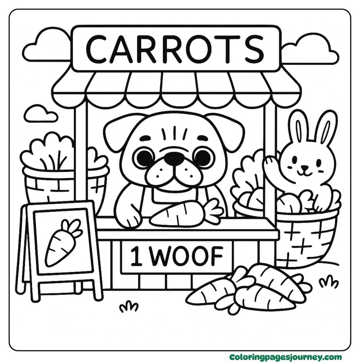 A pug coloring page selling carrots with a bunny friend A pug coloring page with pug running a carrot stand